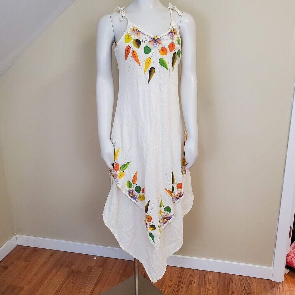 Chali Mexico Fairycore Dress Size M Ivory Cream Painted Embellished Handkerchief